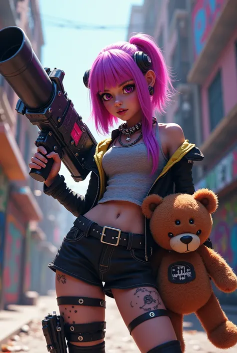 Generate an image of a charismatic, vibrant character with pinkish-purple hair. This character is often depicted toting an oversized, futuristic cannon and accompanied by a menacing stuffed teddy bear with glowing eyes. The character should have a devil-ma...