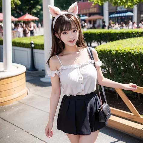 laughing out loud，Cute style wear，date attire，The skirt shows fluffy curvature，Dai Minie hairband，Carrying a cute bag，knee shot, The background is an amusement park during the day，1 female, light brown hair, blunt bangs, hair behind ears, Shoulder length h...