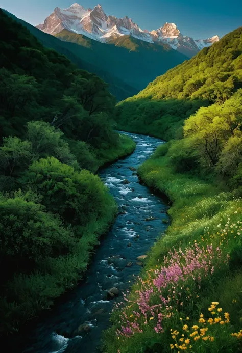 "A lush landscape"

Majestic mountains bathed in the golden light of sunset, with sparkling snow-capped peaks reaching into the sky. A meandering river runs through the valley, reflecting the vibrant colors of the foliage around it. in the center of the im...