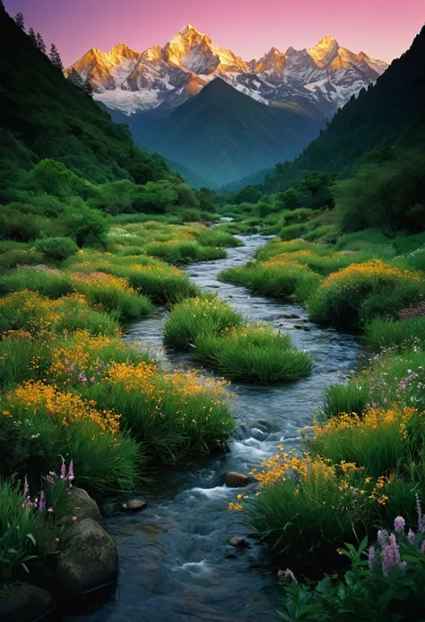 "A lush landscape"

Majestic mountains bathed in the golden light of sunset, with sparkling snow-capped peaks reaching into the sky. A meandering river runs through the valley, reflecting the vibrant colors of the foliage around it. in the center of the im...