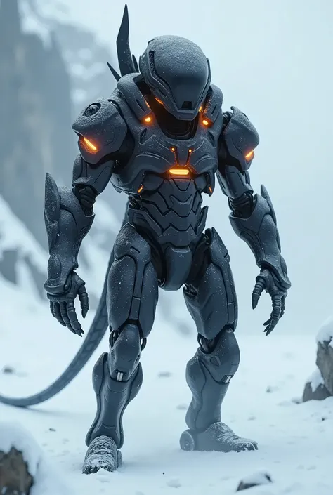 A alien soldier monster , distant full body portrait in a landscape , wearing black  whit orange lights , during a snow storm,,,ice, cold, dark lighting, ,,, intricate details, depth of field, in a cold snowstorm, ,, outdoors, night,