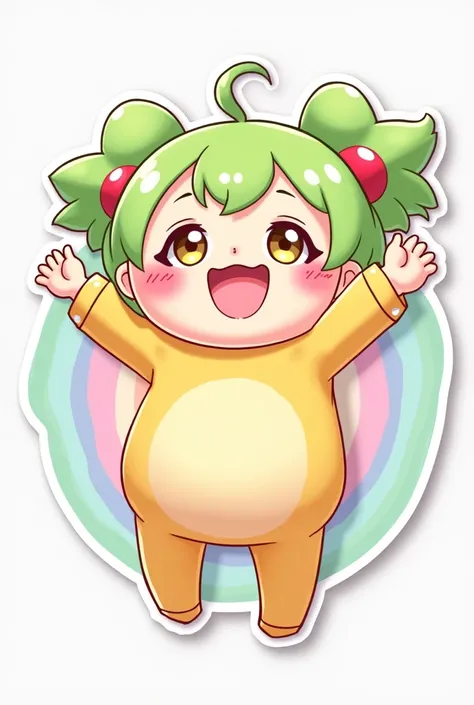 Create a vibrant and colorful anime-like sticker. The sticker features a round-faced cartoon character with exaggerated, twinkling almond-shaped eyes, blushing rosy cheeks, and a big, joyous smile. The character has fluffy, chartreuse-colored hair styled i...