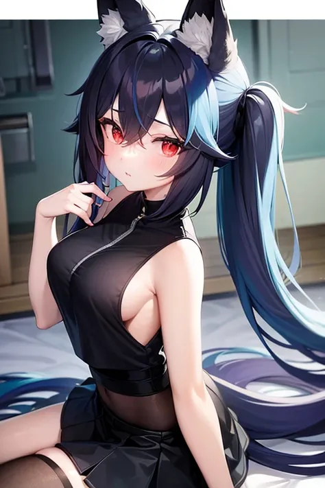 fox girl wearing black and sleeveless shirt, cyan skirt, two-toned white and cyan highlights, red eyes, small waist, Large breasts