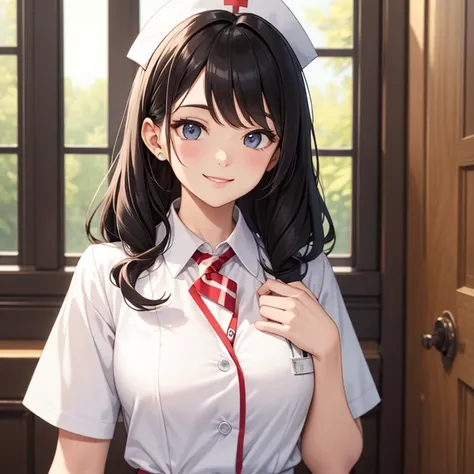 nurse, white cloth, smile, chest up, black hair