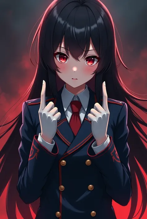 cute anime girl in black military uniform, dark red and blue ambience, hand drawn, long hair,red eyes, black hair, peach skin color, portrait, half body, highly detailed uniform with badge of honor, showing middle finger on both hands to the viewer, white ...