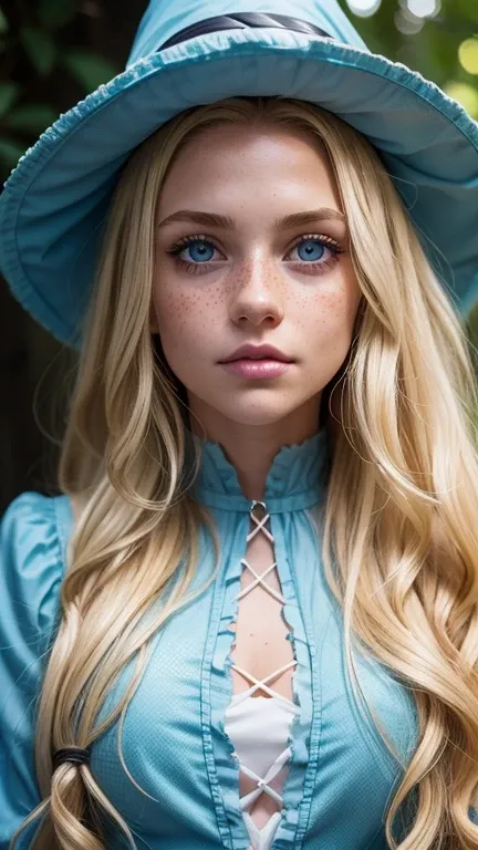 hyperrealistic, 8K, long curly blonde hair, White teenage girl, light blue eyes, freckles on the cheek, light skin, The eyes are large, detail in the eyes, bright eyes , small bust, Detailed clothing, witch costume