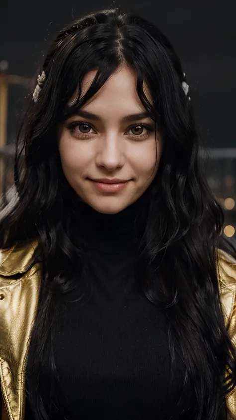 1woman, ((long wavy half-white, half-black hair)), swept bangs, ((golden eyes)), fake smile, unnerving smile, black turtleneck, pirate coat, dark sky, pretty eyes