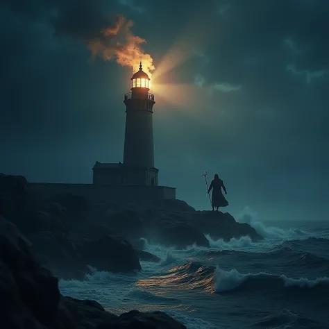 The ancient Greek lighthouse that stands on the cape brightly illuminates the night sea.、The giant Poseidon approaches the lighthouse to blow out the flame.