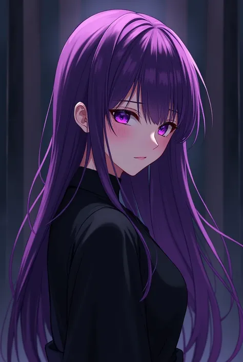 Anime-style illustration of a girl with dark purple hair. She is wearing black clothes that contrast beautifully with her hair. The scene is portrayed against a dark background, making the girl with her unique hair color the central focus.