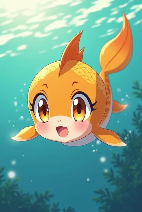 An anime-style depiction, reminiscent of the aesthetics from the 90s, featuring a young, adorable girl whos swimming. She has distinct features such as orange and golden scales that shimmer subtly under the water, as well as golden yellow eyes that sparkle...