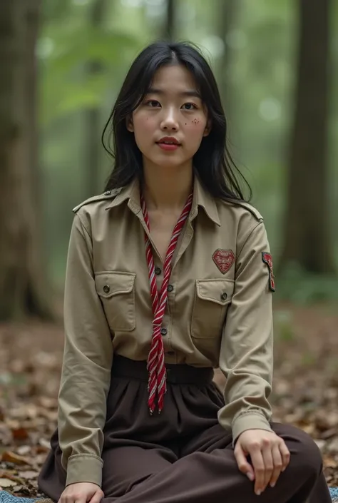 NSFW, Sex Scene, pornography, Realistic, like a real photography. Camp Scout of junior high school festival. Camp in the forest tropical. Korean muslim with hijab Super beautiful、Facial beauty、White skin、Asian Beauty is sitting on the mat、slim and Slender ...