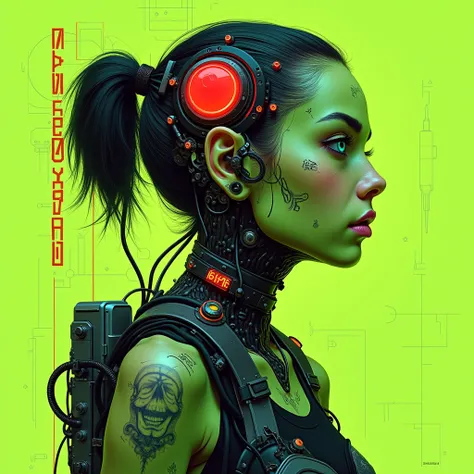 A highly detailed cyberpunk digital artwork depicts a young female character in profile view, facing left. The subjects face transitions into an extensive blend of human and mechanical elements, showcasing a futuristic fusion. Her skin is vividly colored i...