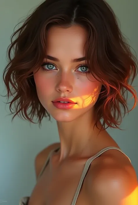 Woman short brown hair, blue eyes slightly tanned skin