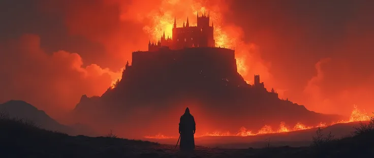  castle on a hill burning on fire,big castle,landscape,black castle,night time and  shadow figure of a knight standing beneath, red glow atmosphere,fire flares, perfect lighting, realistic,