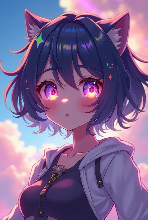 An anime-styled character bursts forth with bright, vibrant hues. Their hair is styled in an exaggerated, yet visually impressive manner, possibly indicating a strong and unique personality. But what draws your attention the most are their eyes, which glim...