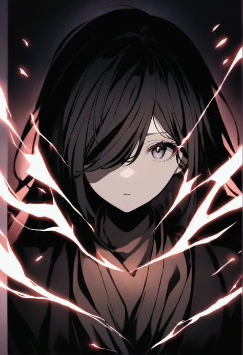 Create an image of an anime style woman, with long black hair,  with a mask covering the entire face, no one can know who she is.