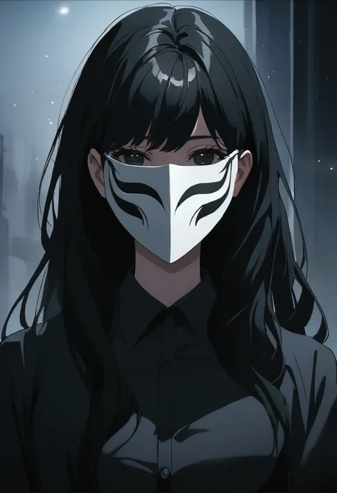 Create an image of an anime style woman, with long black hair,  with a mask covering the entire face, no one can know who she is.