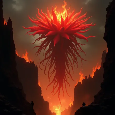 fire growing hign above in the firy cliff a firy outline of a huge monstrous red plant flower made of fire with long red leaves and brances reaching the viewer  flames fire glowing in the dark horror movie scene