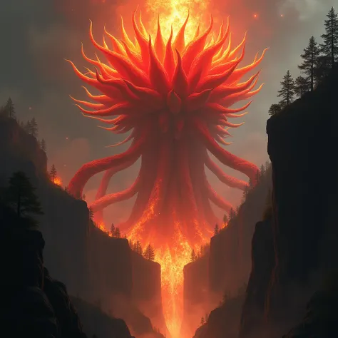 fire growing hign above in the firy cliff a firy outline of a huge monstrous red plant flower made of fire with long red leaves and brances reaching the viewer  flames fire glowing in the dark horror movie scene