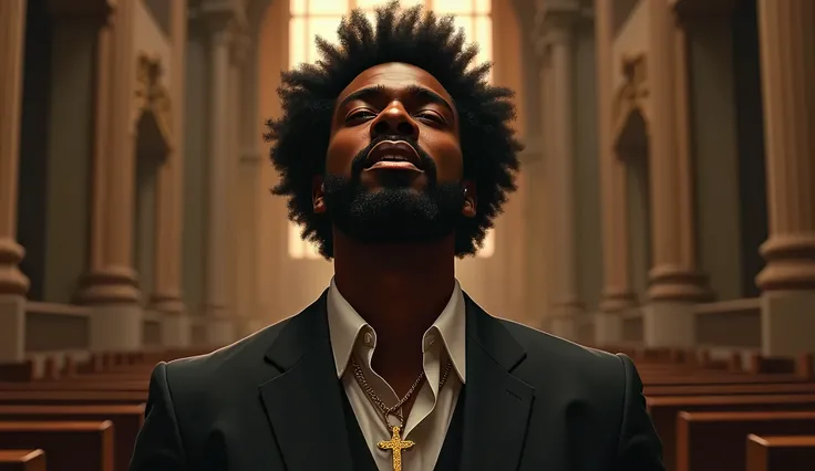  Afro man wearing a suit with a gold cross necklace, praying in the middle of a church, displaying pitiful and sad emotions, tears streaming down his face, highly detailed, dramatic lighting, emotional atmosphere, realistic, cinematic composition, by Greg ...