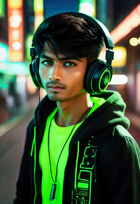 manga japanesse cartoon of a fluorescent green-black color. light skin indian male super model  dj . add green beats headphones,...