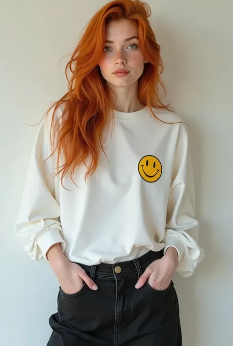 23 years old polish influencer, ntural, long ginger hair, green eyes, natural full lips, frendly smile, frecklace on face, shes wearing oversized white shirt with smile emoticon, black baggy jeans and vans, young model pose 