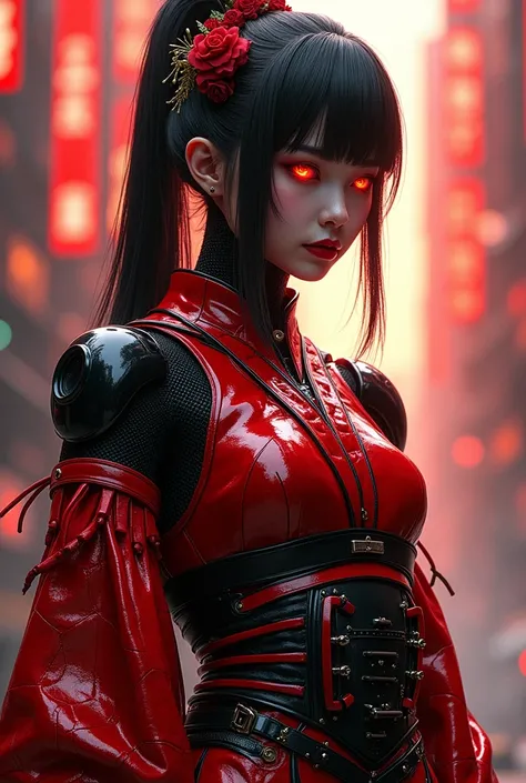 A fusion of traditional and futuristic styles, envision a Geisha-Cyborg-Girl dressed in intricate leather armor. She is enrobed in the striking color scheme of high contrast red and black. The aesthetic is akin to a cyberpunk world, marked by towering tech...