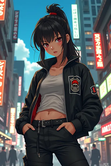 A young woman inspired by anime style, leaning towards the aesthetic atmosphere of the earlier eras of animation (prior to 1912). She has a stylish, streetwear-inspired outfit with a unique, distinctive emblem on her jacket. Behind her, the city embodies a...