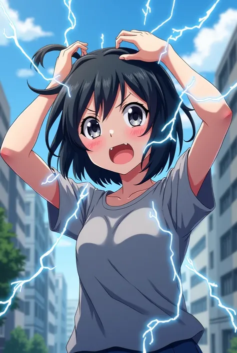 Anime style female character experiencing a jolt of electricity resulting in a surprised reaction. Shes holding her hair up, traces of static electricity visible around her. Her wide eyes and raised eyebrows suggest shock. Remember, her clothing is intact ...