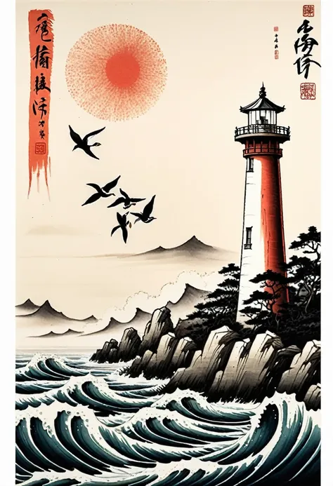 Lighthouse, by Qi Baishi.
best quality, masterpiece, intricate details, ultra-detailed