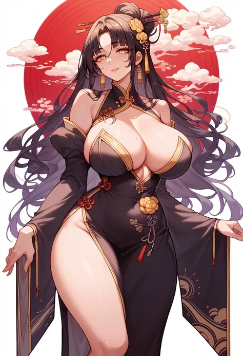 half smile, mixed_artwork style, (detailed eyes), (Mature woman), beautiful woman, big breasts, black long hair, hair tied on back, bangs over eye, (oriental white dress, murim, cultivator), yellow eyes, mole under eye, huge body, standing