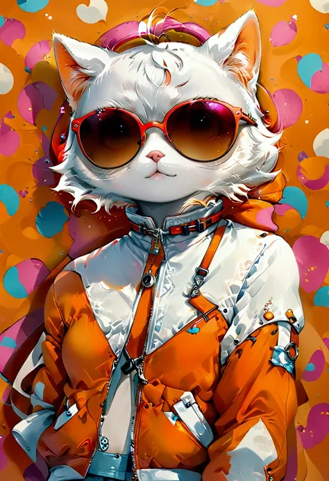 Best Mobile Phone Wallpaper, Award Winning Wallpaper, Portrait Photography, Front View is a Portrait of a Cute Cat Dressed in 1960s Mid Century Fashion. Straitjacket Theme Wearing Sunglasses is a 1960s Fashion Style, Solid Color Clothes, Beautiful Backgrou...