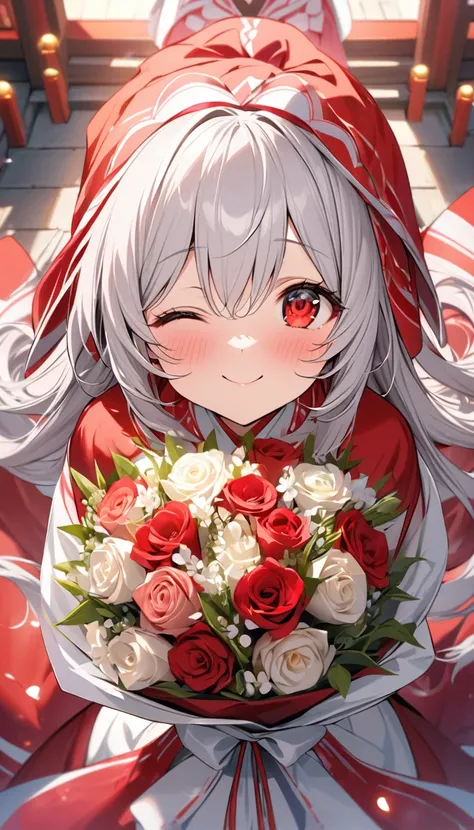 (Best Quality, ), Beautiful woman (One eye is red:1.2),The perfect combination of elements.Well-proportioned face、Happy expression、Red face、up、Shrine maiden、Silver Hair、Red Eyes、Cute expression(Eyes are hearts、Close one eye、Looking up、Red face)、Beautiful a...