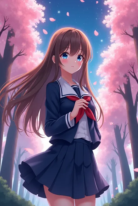 An anime-inspired illustration of a young woman with long brown hair and striking blue eyes, wearing a classic Japanese high school uniform. She is standing in a magical forest filled with cherry blossom trees. In the background, the sky is a blend of twil...