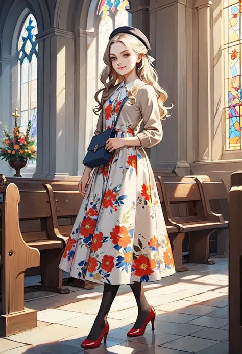 Attending Church on Sunday morning.. Pretty 21yo Slavic woman, perfect figure, small natural breasts, blond hair, brown eyes, ((very pale:1.3)),  Sunday best. long wavy hair, light makeup, hat, cardigan. long floral print dress, light tan pantyhose, high h...