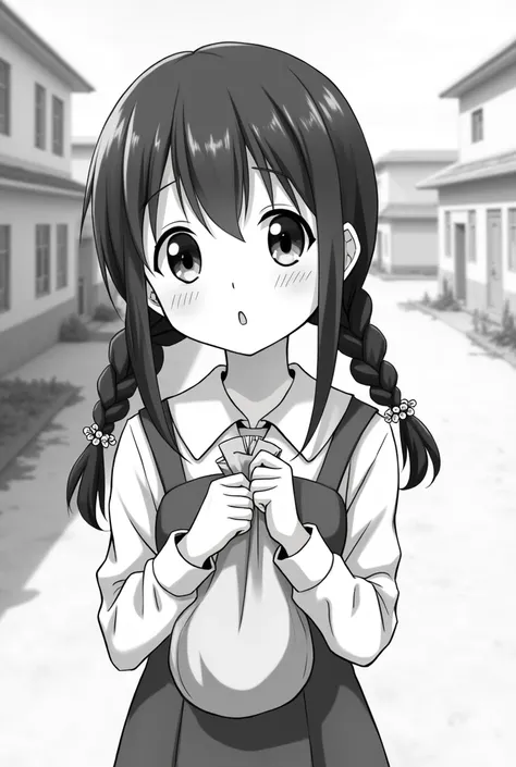 monochrome An anime-styled depiction of a girl who has been adopted from an orphanage. She has bright, sparkling eyes of determination, her hair is styled in two neat braids, and she is wearing a simple, yet well-kept dress. She is holding onto a small bag...