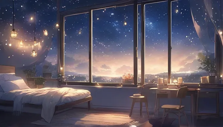 high quality、night sky full of stars、 covered with a blanket, wall string lights, window, Cozy and comfortable atmosphere, at night, wonder, pixiv,