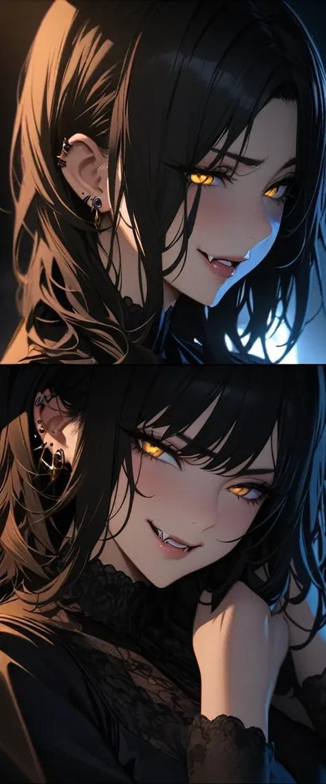 high detail, masterpiece, dramatic lighting(absurdres, highres, ultra detailed), extremely detailed CG unity 8k. mature face, adult woman, beauty , piercings, short wavy black hair and bangs, vampire fang, golden yellow eyes, black night clothing, smug, ha...