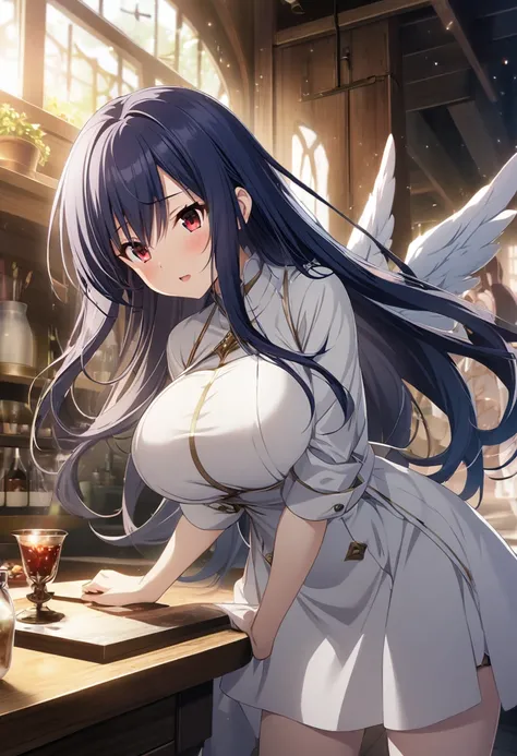 1girl, long hair, darkblue hair, red eyes, angel girl, white clothes, white wings, 96cm breast, CG