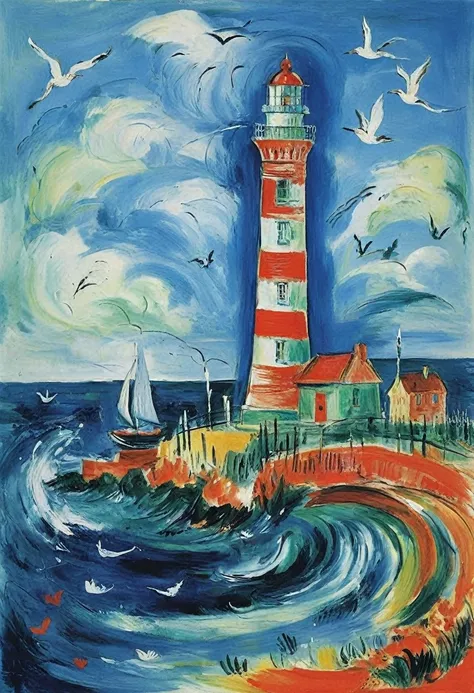 Lighthouse, by Jean Dufy.
best quality, masterpiece, intricate details, ultra-detailed