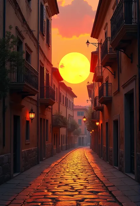 masterpiece, ancient capital of italy, Narrow cobblestone alley, cobblestone, (Vivid sunset, Big sunset)