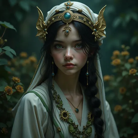 girl herbalist, dark fantasy, intricate detailed portrait, (best quality,4k,8k,highres,masterpiece:1.2),ultra-detailed,(realistic,photorealistic,photo-realistic:1.37),cinematic lighting,dramatic shadows,moody atmosphere,dark color palette,deep green foliag...