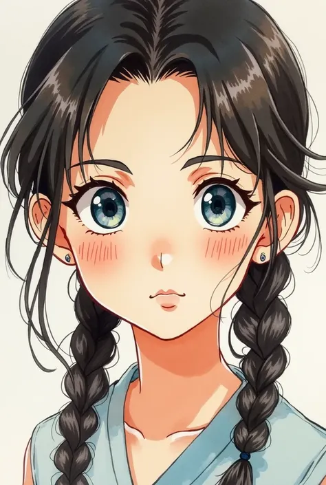 A watercolor painting of a beautiful, young, Asian-inspired girl with dark brown hair pulled into looped braids. Her piercing blue eyes are wide, reflecting a strong resolve within. The image focuses closely on her face showcasing her charmingly marked che...