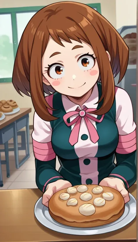 score_9, score_8_up, score_7_up, source_anime,
ochakouraraka, ochako uraraka, brown eyes, brown hair, short hair, blush, blush stickers, smile,
School uniform, skin tight,
Indoor, Bakery,
looking at viewer, dutch angle, full body,  idle,pov ,sitting on oth...