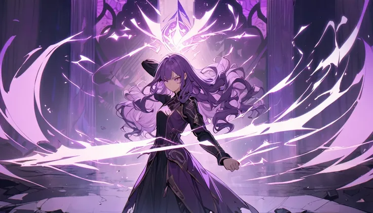 upright, A girl, Solitary, Purple hair, Very long hair, Wavy hair, Side bangs, Broken hair, purple, aesthetic, magic casting, focussed face, fighting stance, standing, Slightly tilt your head