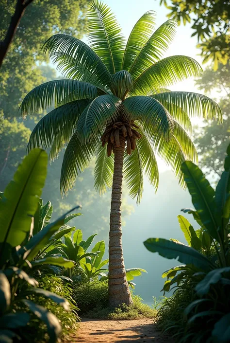 A coconut tree with banana leaves 