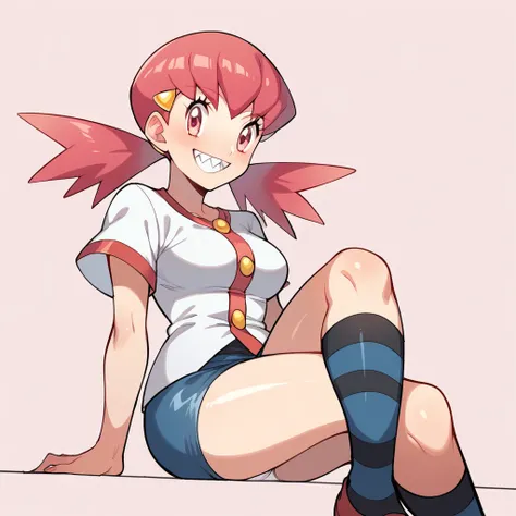 score_9, score_8_up, score_7_up, defwhitney, whitney (pokemon), 1girl, arm support, blush, smile, teeth, cartoon teeth, sharp teeth, breasts, buttons, 3 bottons, crossed legs, eyelashes, hair ornament, hairclip, jacket, long hair, pink eyes, pink hair, sho...