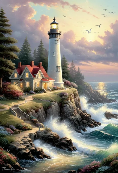 Lighthouse, by Thomas Kinkade.
best quality, masterpiece, intricate details, ultra-detailed