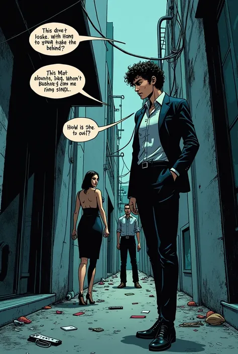 An intricate manga panel illustrating a compelling scene. The panel features an Israeli female detective with short curly hair and a stern expression, wearing a neatly pressed suit, standing in a dimly lit alleyway strewn with remnants of a chase. Shes per...