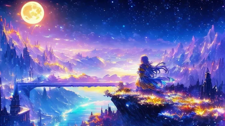 ((The pale yellow moon of a supergiant star))((A girl who looks at her profile and is represented subjectively.))、((Crying girl))、Girls profile、On a multicoloured background、Painting of a river with stars and moon in a rainbow sky.、shining skyscrapers、Over...